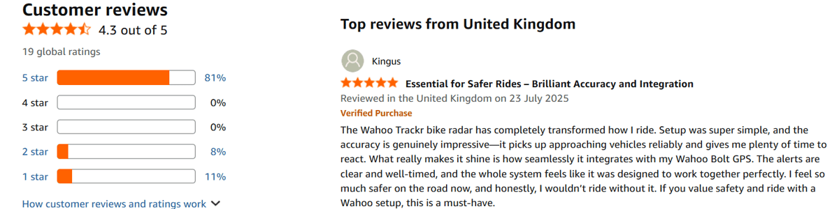 wahoo trackr radar reviews on Amazon