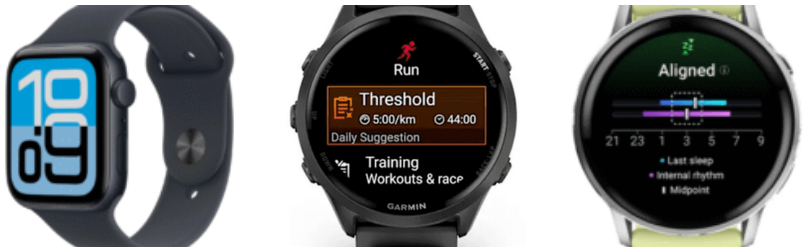 Apple Watch SE 3 vs Garmin Forerunner 570 vs Garmin Venu 4 side by side