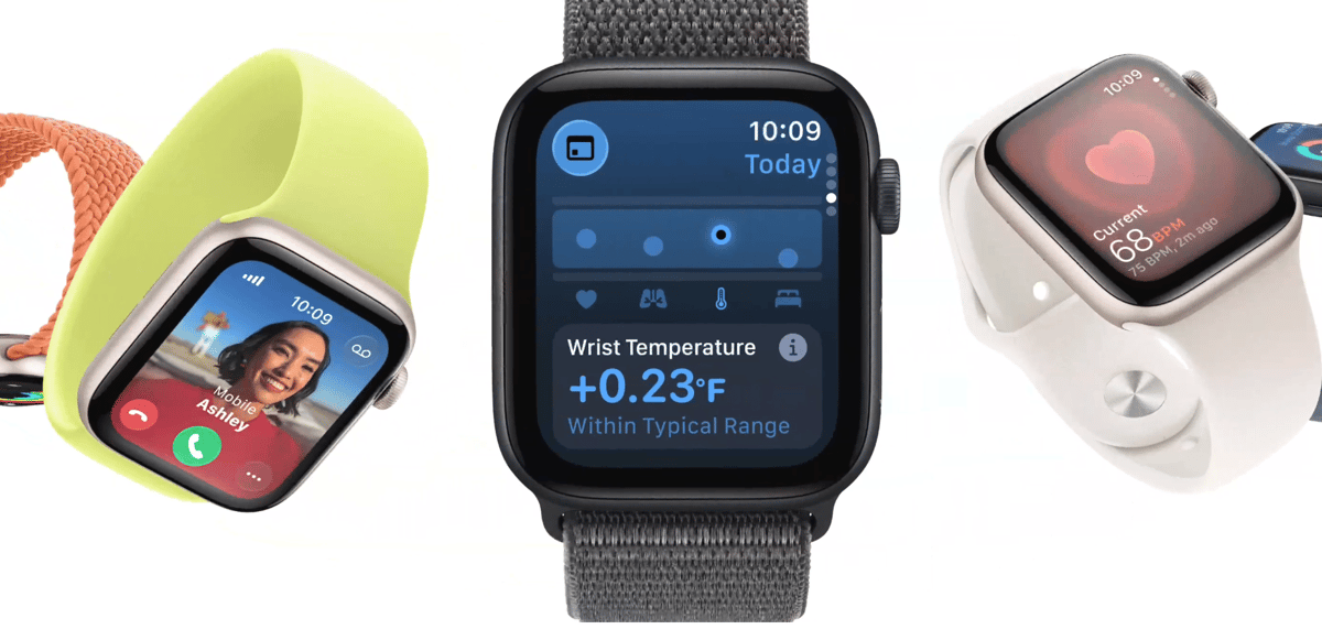 Apple Watch SE 3 lifestyle image with vitals, HR and calls