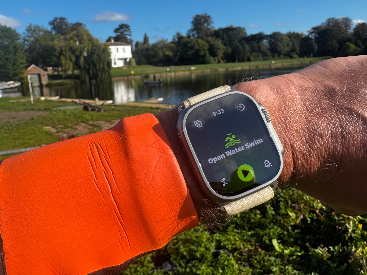 Apple Watch Ultra 3 worn by triathlete in wetsuit before open water swimming at Shepperton Lake UK