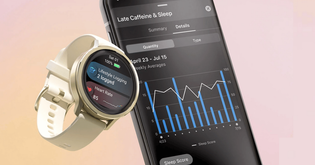 Garmin Venu 4 Lifestyle Logging shown on the wrist, synced to Garmin Connect mobile