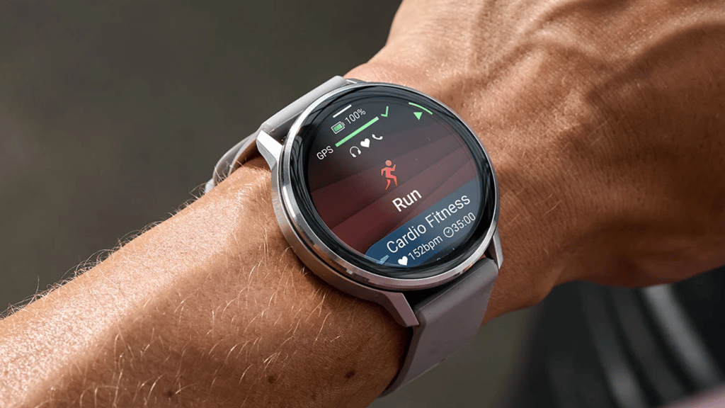 Garmin Venu 4 on the wrist just before starting a run workout