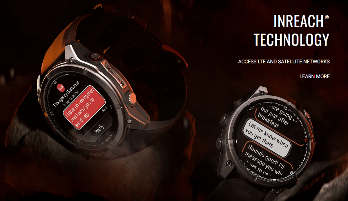 Two Garmin Fenix 8 Pro wacthes side by side showing emergency response and a text conversation on screen highlighting the LTE and satellite features