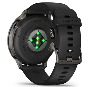 garmin venu 4 closeup of the elevate 5 optical heart rate sensor in action