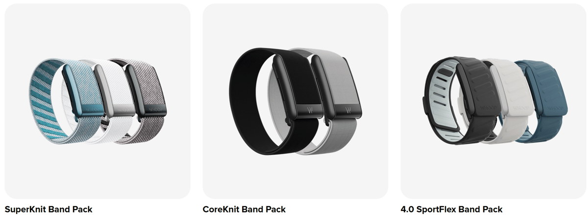Examples of replacement band types and packs for Whoop 5.0 and MG