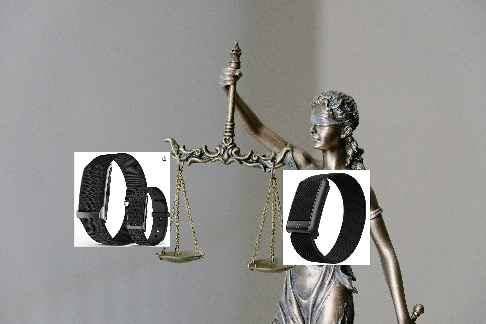 Lady Justice holding scales, balancing whoop and shenzen products on scales