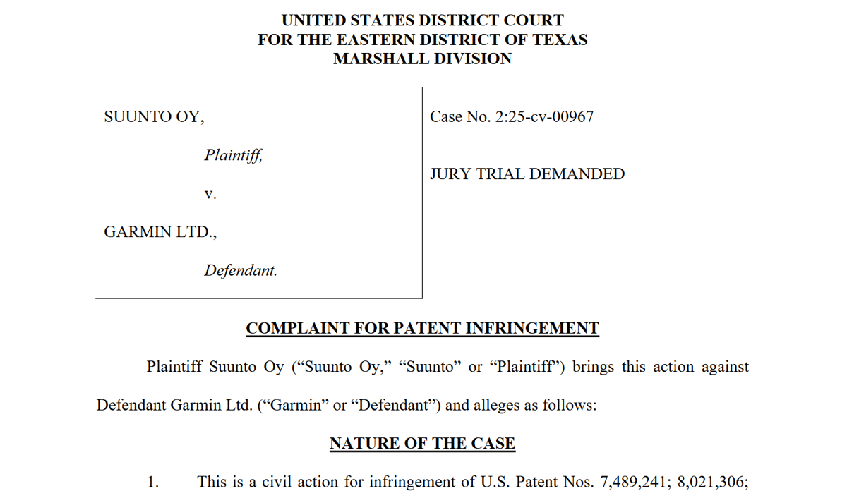 Suunto vs Garmin patent case filing: Case 2.25-cv-00967-JRG Suunto Oy vs Garmin Limited