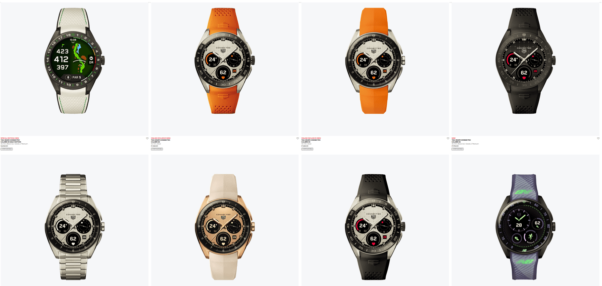 TAG Heuer Connected Calibre E5 series view of 8 watch editions