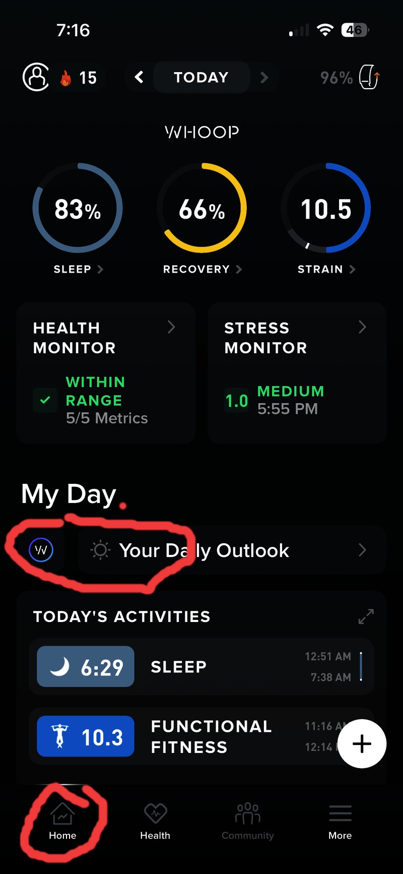 Whoop app home tab strain recovery sleep