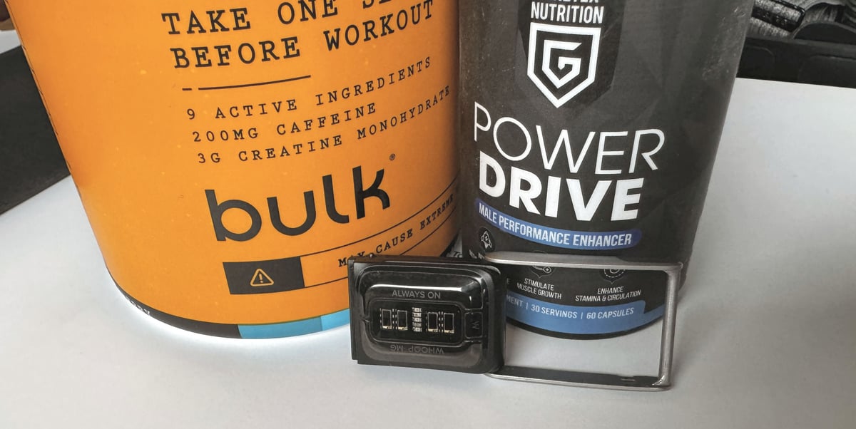 Whoop for strength training shown alongside strength supplements