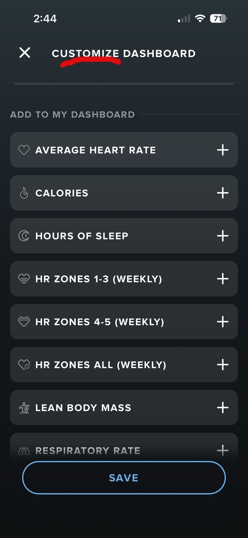 customise whoop app home tab metrics