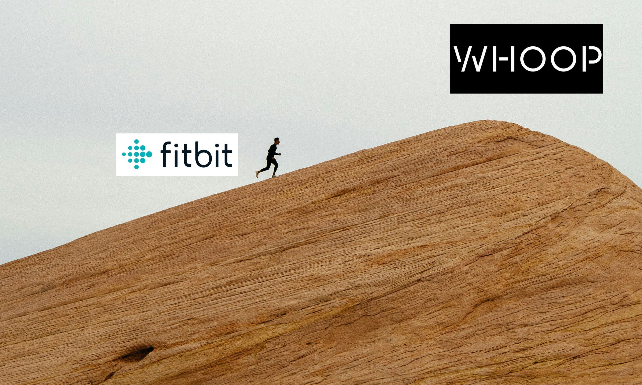 man running up a hill pulling the fitbit logo towards whoop logo at the apex