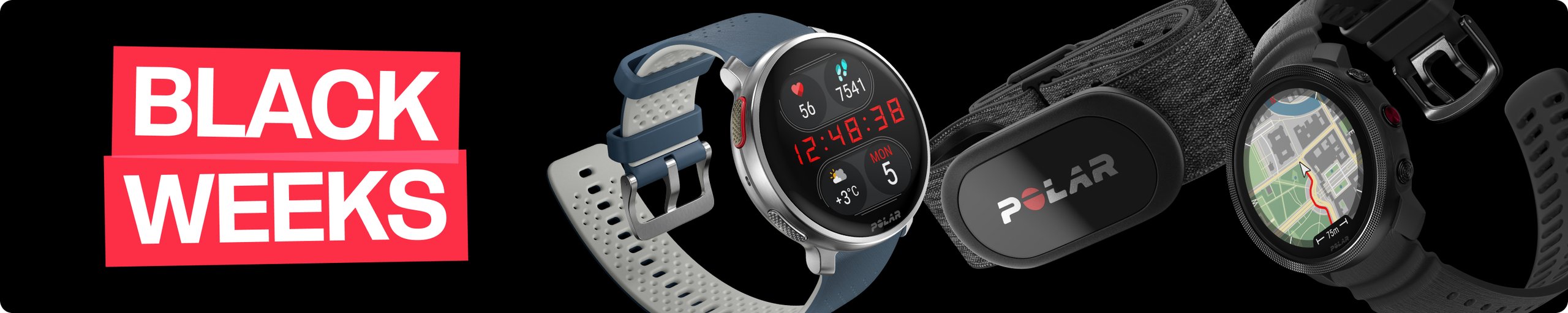 Polar Black Friday and Cyber Monday Sale banner featuring H10 heart rate monitor and GPS watches.