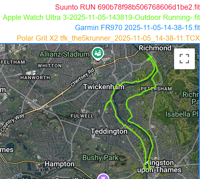 Map showing the overall route for the Garmin Forerunner 970 vs Apple Watch Ultra 3 GNSS accuracy test
