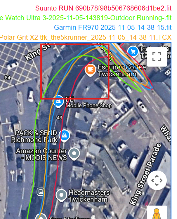 Zoomed-in map view of GPS tracks near the shops at Twickenham, highlighting path deviations for different devices