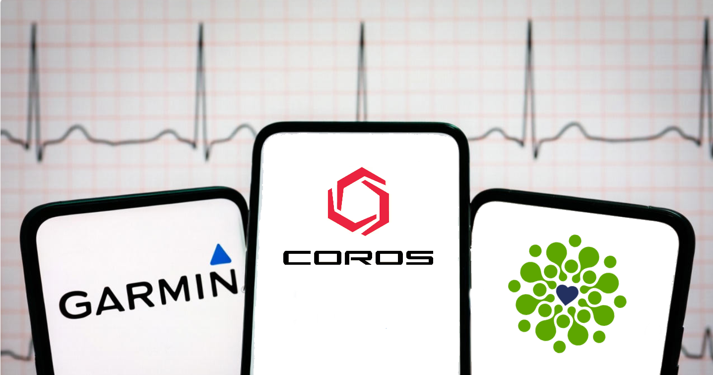 Garmin, Coros, and CardiacSense logos over an ECG trace representing the patent settlement over heart-monitoring technology