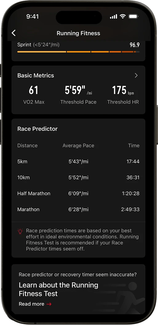 Coros RACE PREDICTOR on iOS app