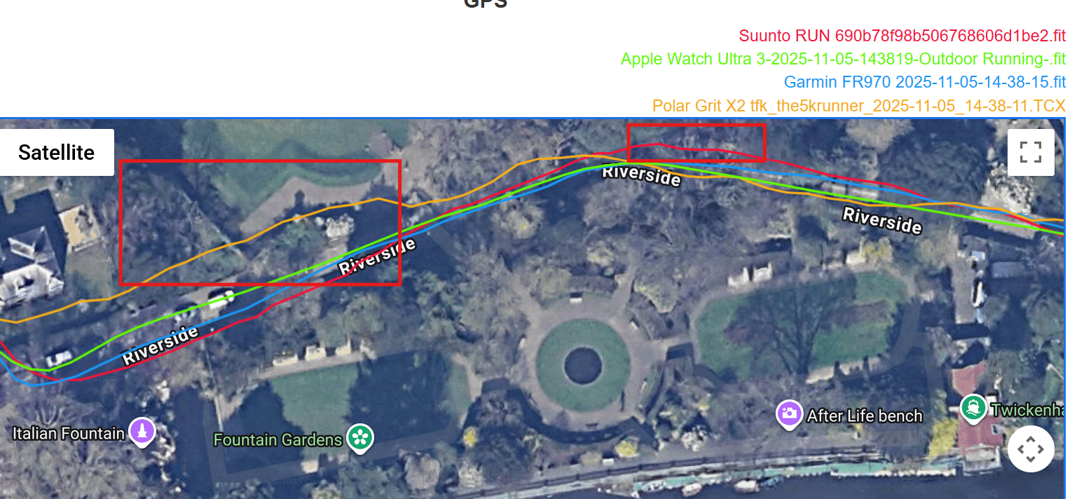 Comparison of GPS tracks on a road section with high walls and trees
