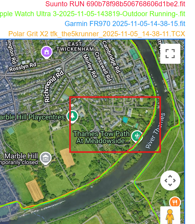 Zoomed-out GPS track showing overall segment and general agreement of the tracks
