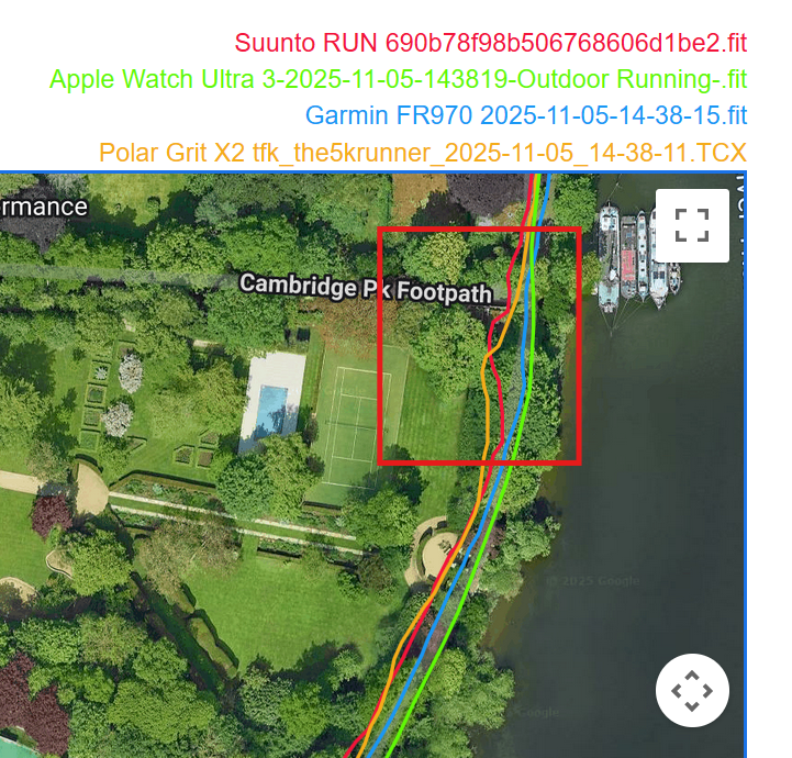 Zoomed-in GPS track showing a momentary deviation by the Suunto or Polar device under tree cover