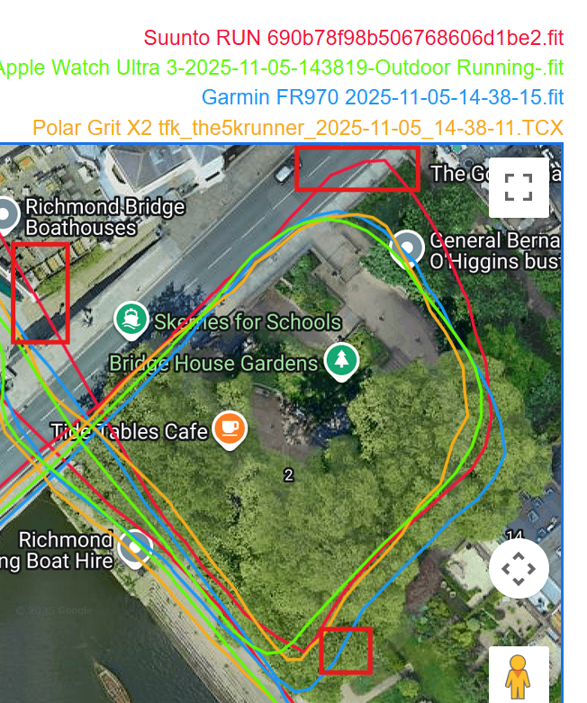 GPS track comparison across Richmond Bridge and underpass, showing Apple Watch Ultra 3's high accuracy