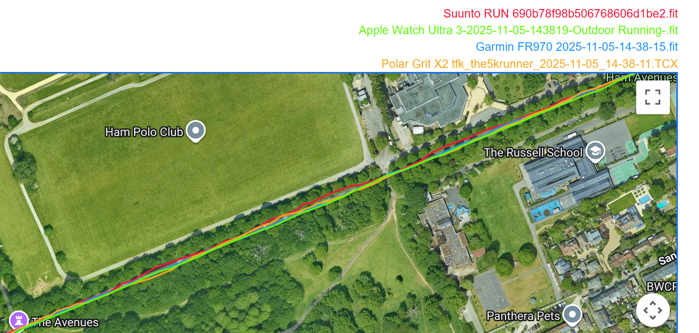 GPS track comparison past the Polo field, highlighting slight deviations by Suunto Run