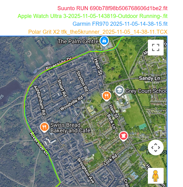 GPS track comparison showing an overview of the long open-sky section with slight meandering