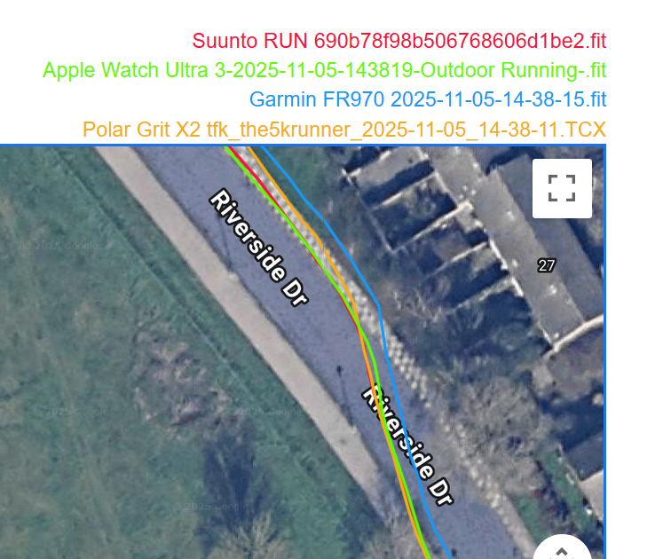 GPS track comparison showing the end of the long open-sky section with slight meandering