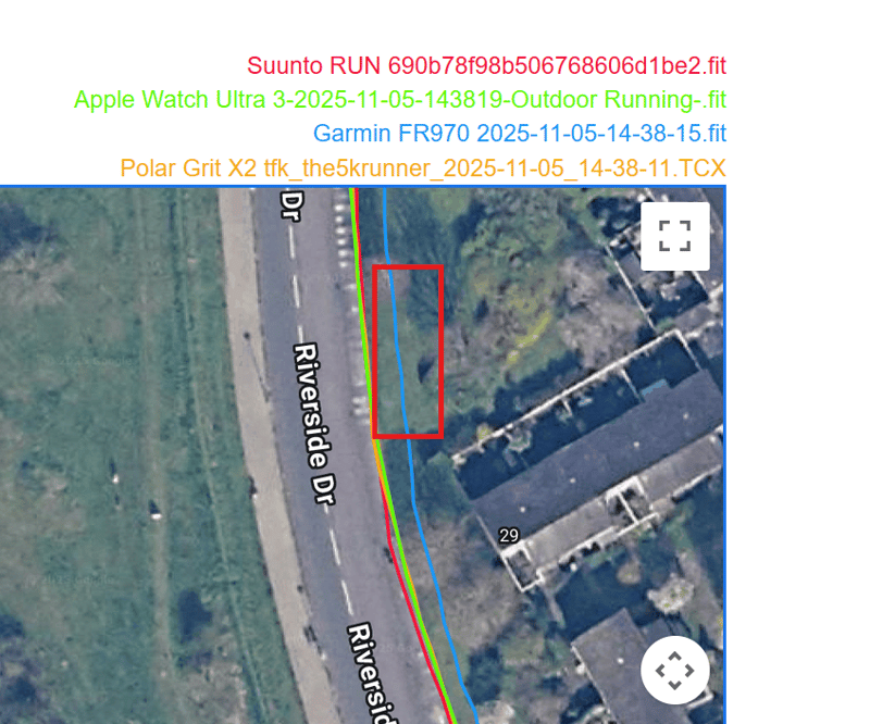 GPS track comparison showing a slight deviation by Garmin in a long open-sky section