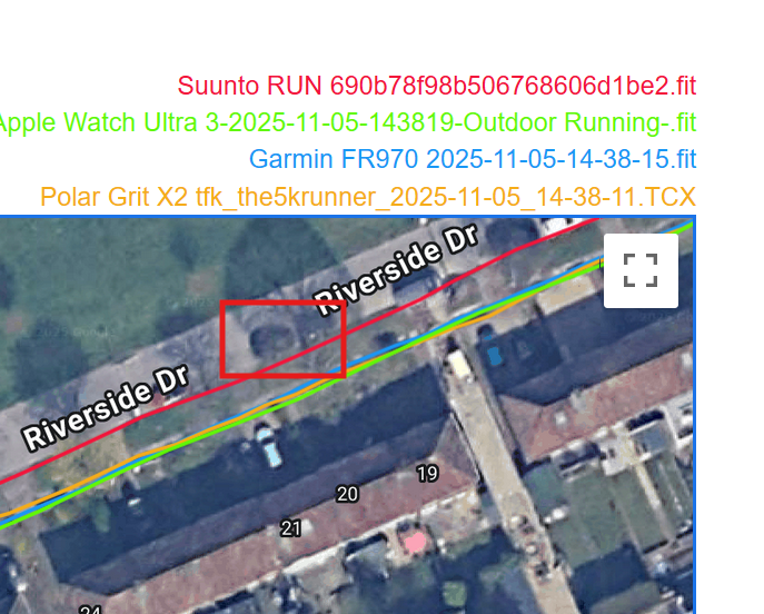 GPS track comparison showing a slight deviation by Suunto in a long open-sky section