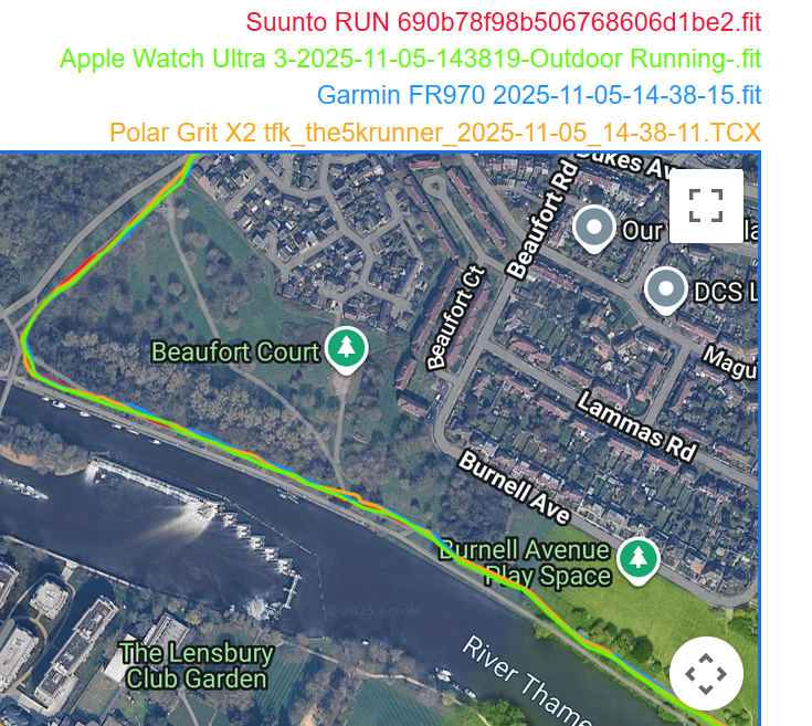 GPS track comparison on a curved track with open skies and low-density trees, showing meandering