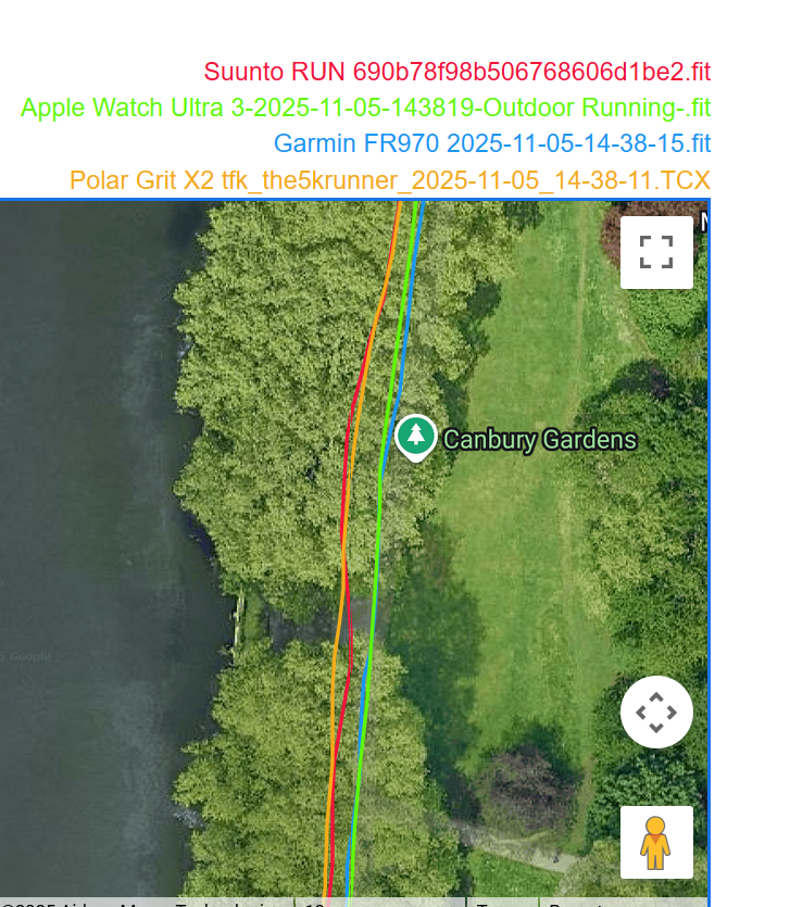 GPS track comparison under dense, high trees near Kingston Rowing Club