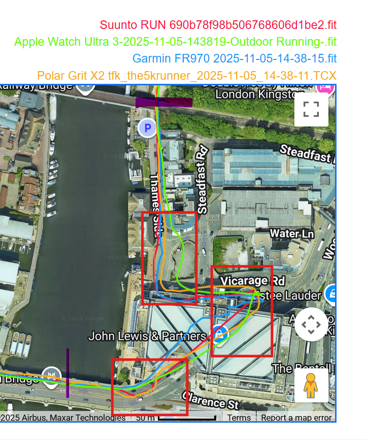 GPS track comparison showing Apple Watch deviation near high buildings and performance through a long tunnel