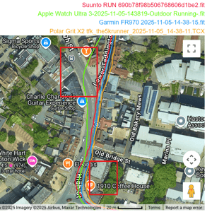 fifth zoomed-in GPS track of the long suburban section, showing Apple Watch deviations caused by nearby buildings