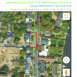 Fourth zoomed-in GPS track of the long suburban section, showing Garmin's superior accuracy