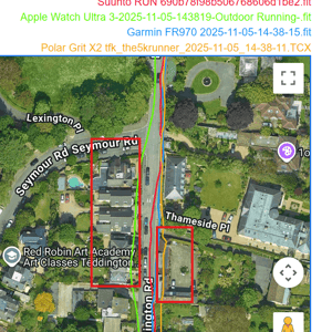 third zoomed-in GPS track of the long suburban section, showing Apple Watch deviations