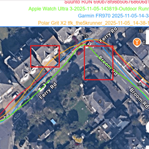 Second zoomed-in GPS track of the long suburban section, showing Apple Watch deviations