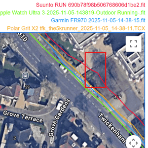First zoomed-in GPS track of the long suburban section near semi-detached houses, showing Suunto deviation