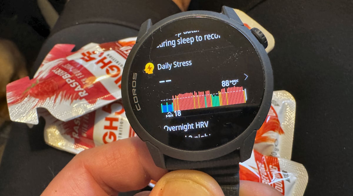 COROS Pace 4 Daily Stress Evaluation graph showing maximum stress during a workout