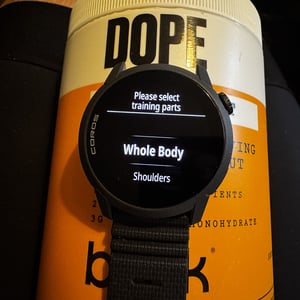 coros Pace 4 showing whole body strtength workout and athlete using DOPE Bulk pre-workout powder
