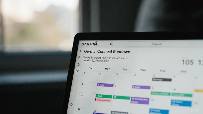 Garmin Connect Rundown full-screen 2026 calendar with logo and message: Thanks for sharing your year. We can’t wait to see what 2026 has in store