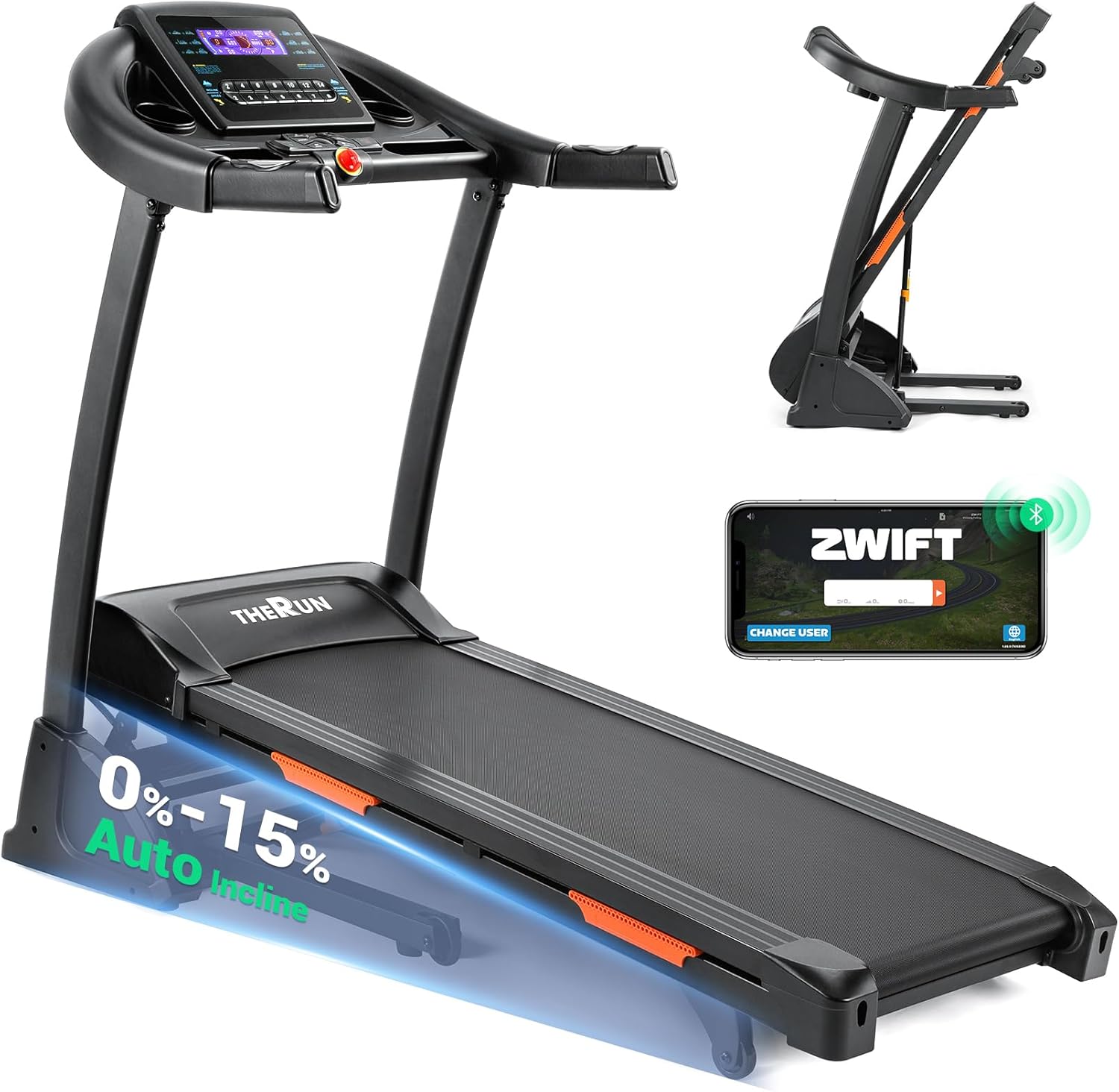 THERUN T15 compact treadmill composite view unfolded and folded