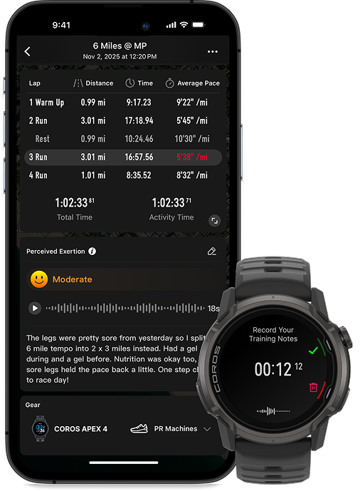 Coros voice training notes and RPE logging screen on Nomad and Apex 4