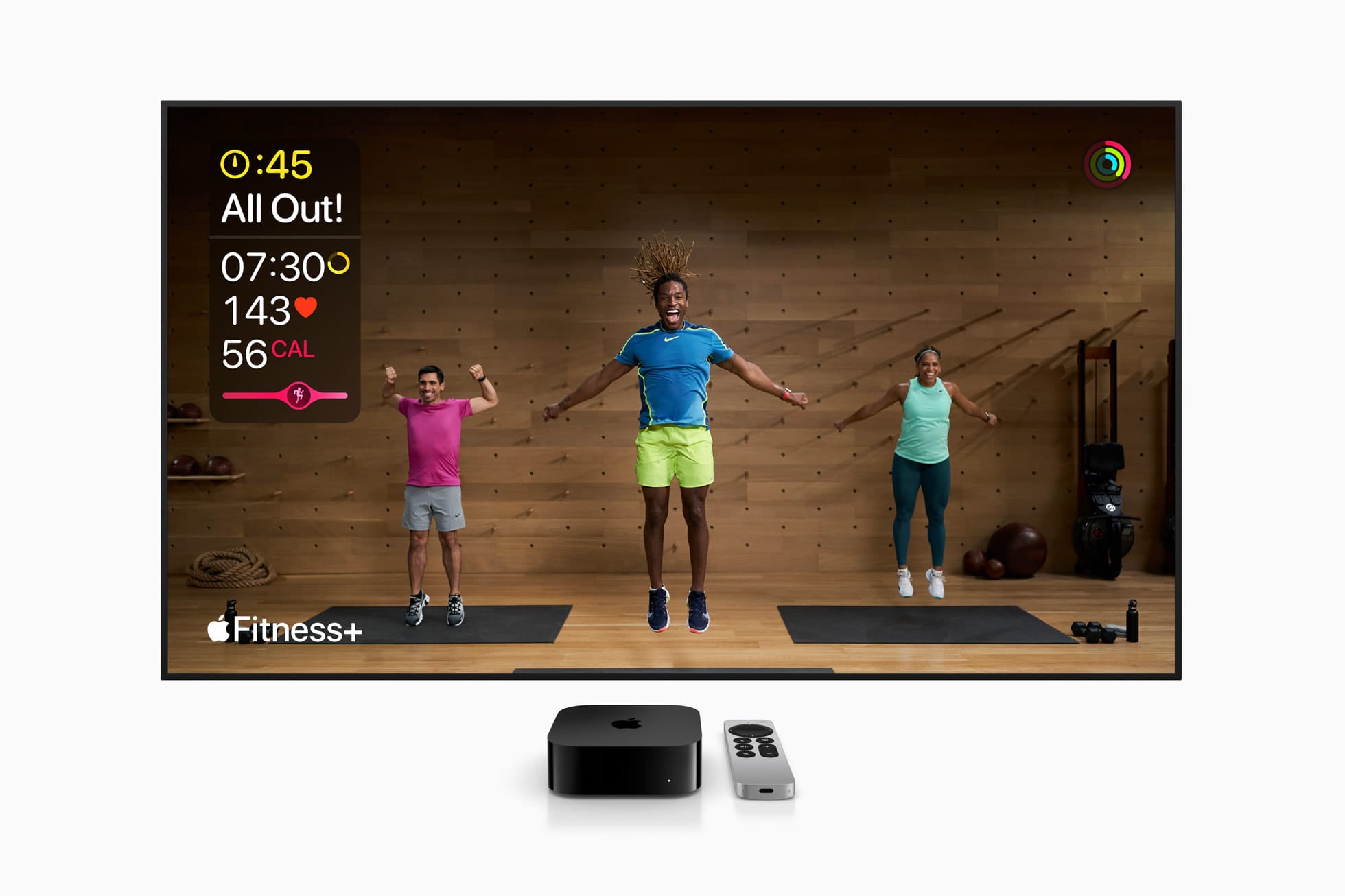 "Apple Fitness+ workout on Apple Watch, TV 4K (shown) and iPhone"