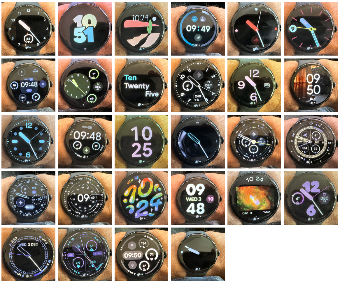Collage showing every Google Pixel Watch face from Series 1, 3, and 4 including Modular, Rushhour, and Arts and Culture designs