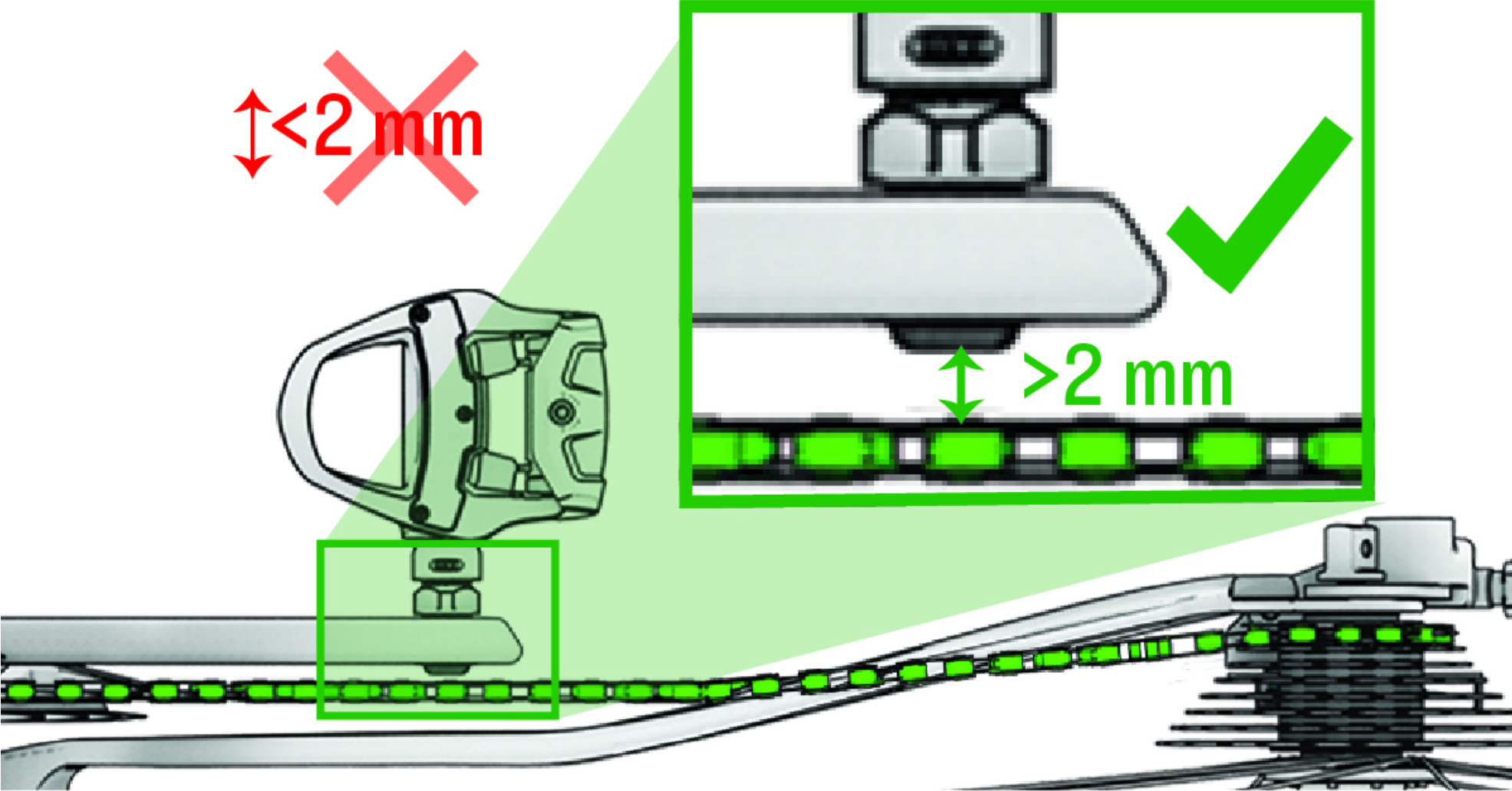 Diagram showing Garmin Rally RS210, RK210, and XC210 installation requirements with a minimum 2mm clearance from the crank arm.