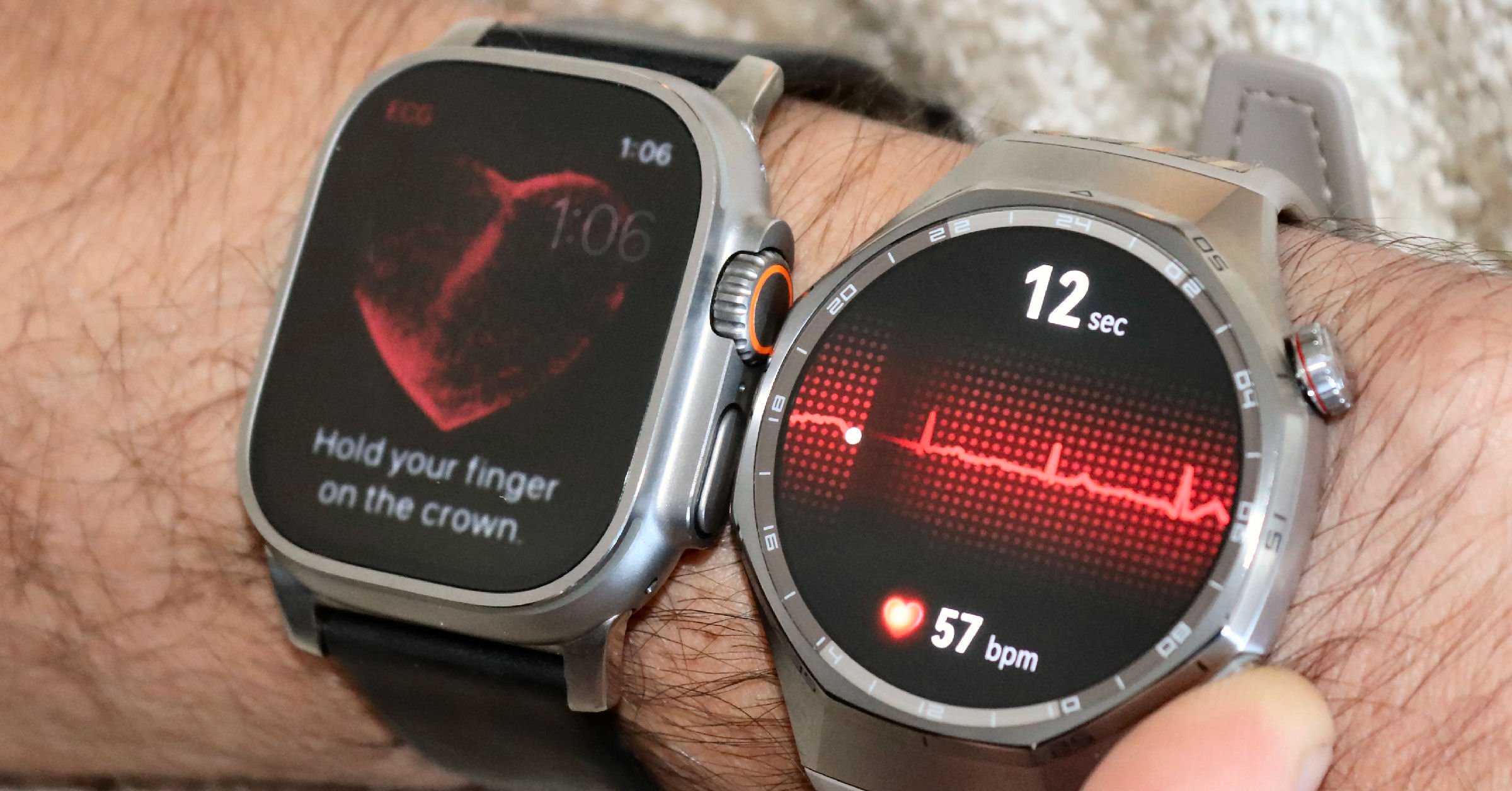 Taking an ECG reading on Huawei Watch GT 6 Pro with finger on crown button