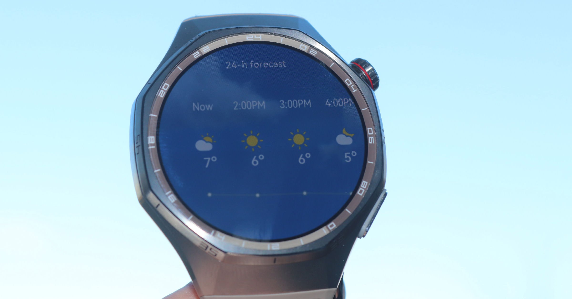 Huawei Watch GT 6 Pro 1.47-inch AMOLED display at 3000 nits brightness readable in direct sunlight showing weather widget