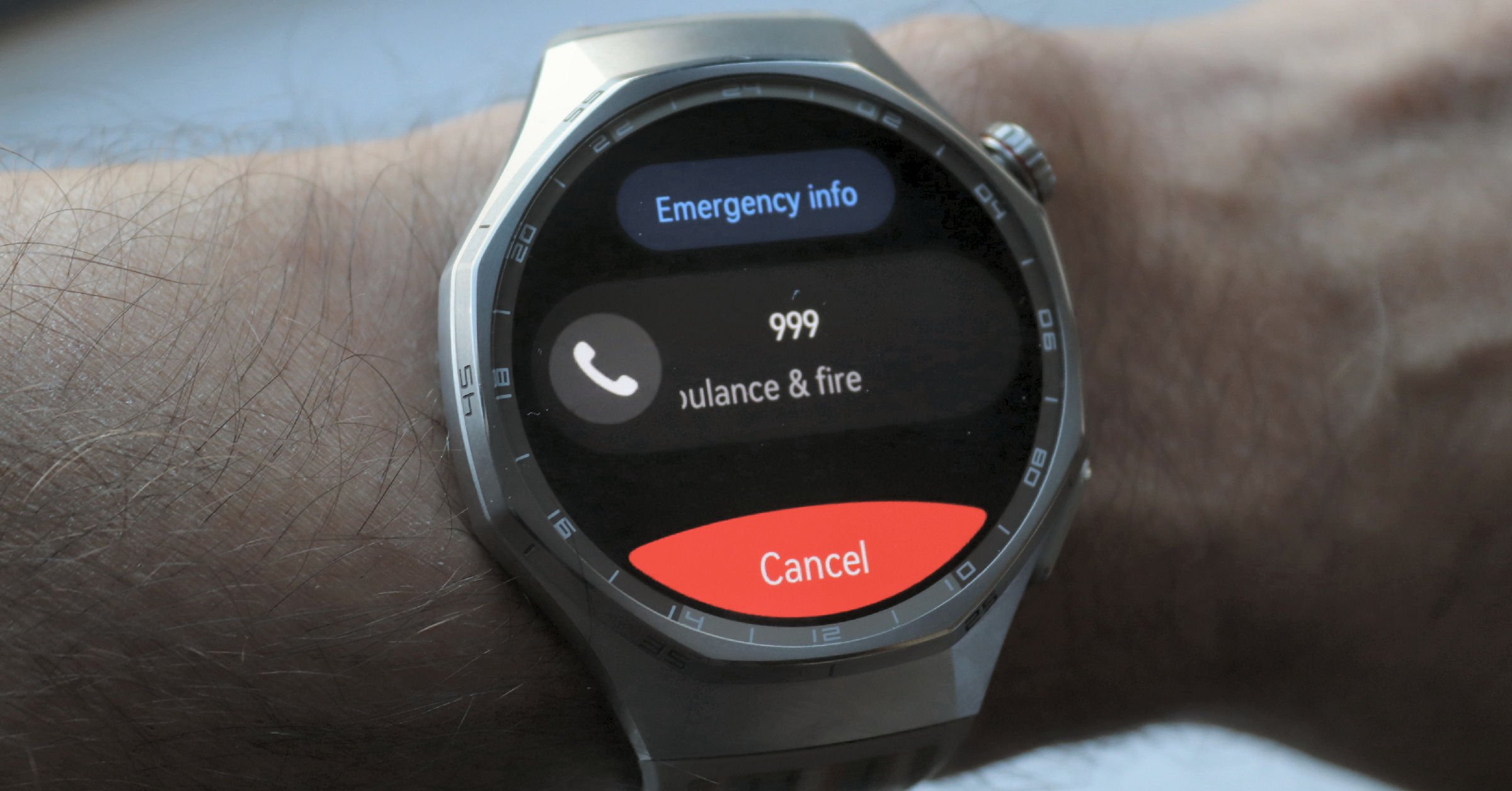 Huawei Watch GT 6 Pro emergency SOS fall detection screen showing 5-press activation method