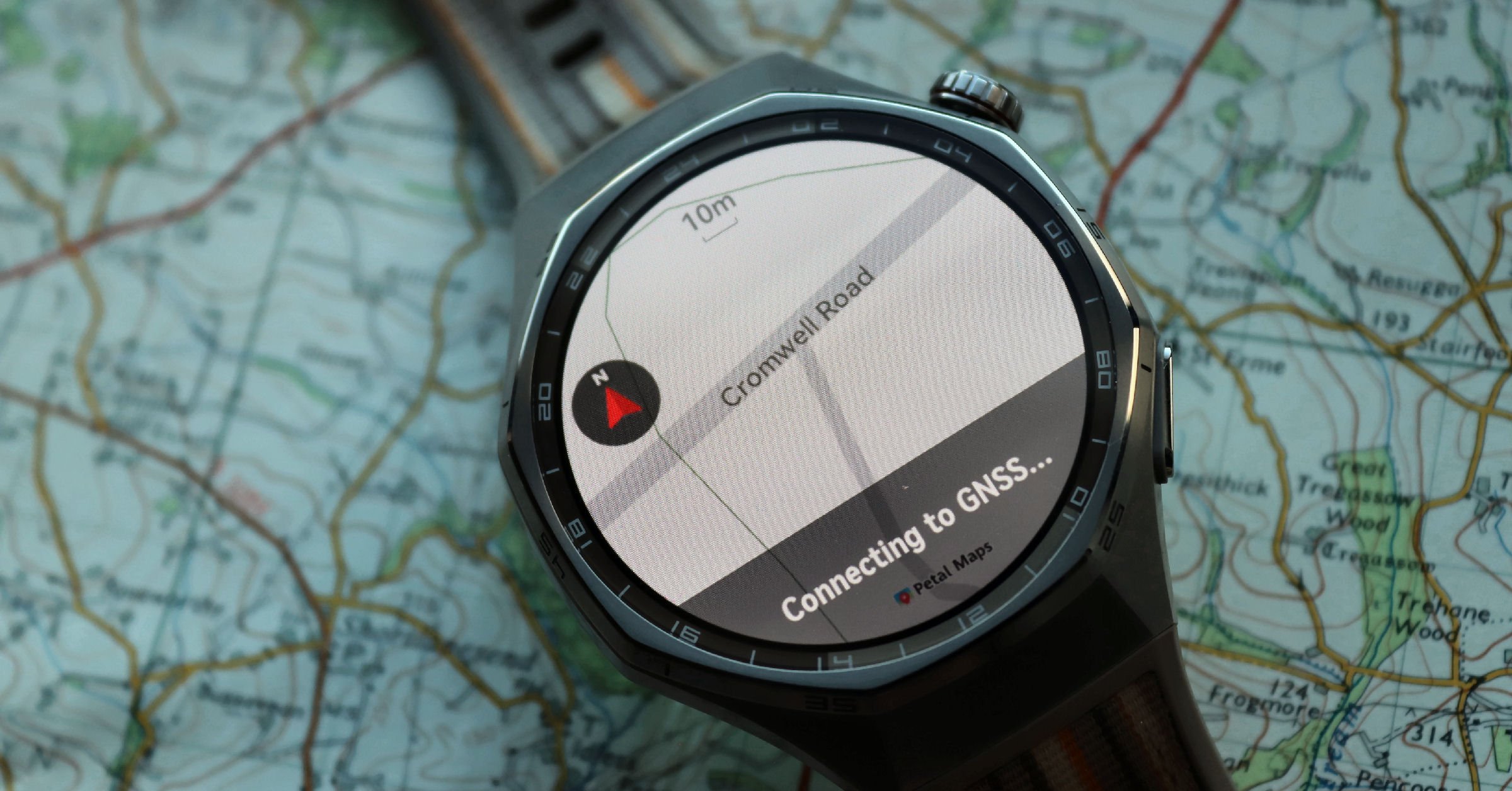 Huawei Watch GT 6 Pro offline map navigation with Petal Maps showing street names and turn-by-turn directions